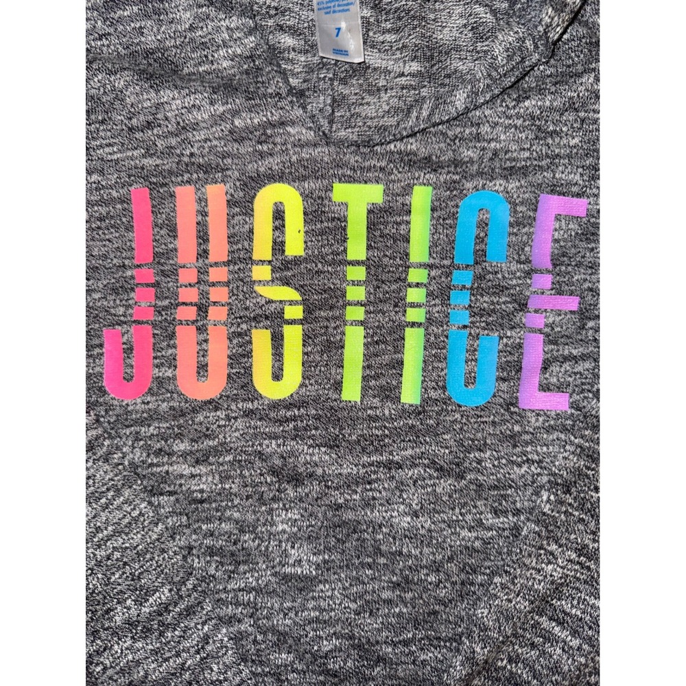 Justice Girls Grey Space Dye Rainbow Logo Hooded Top Size 7 Athletic Stripe - Picture 2 of 4